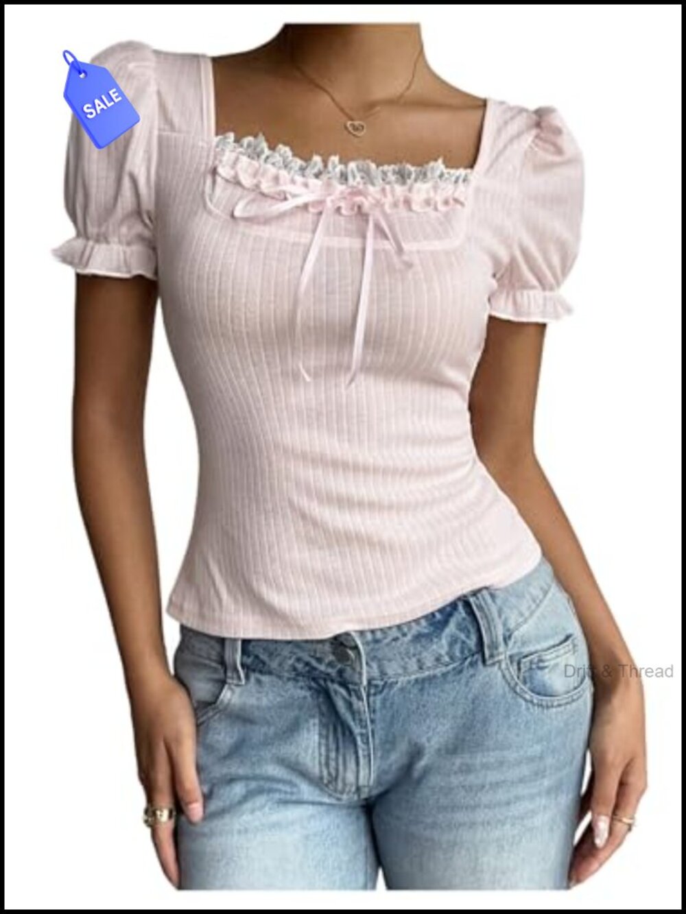 Y2K Lace Puff Sleeve Tie Front Ribbed Knit Top Square Neck